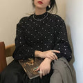 Black And White Polka-dot Turtleneck Relaxed-fit Puff-sleeve Base Shirt
