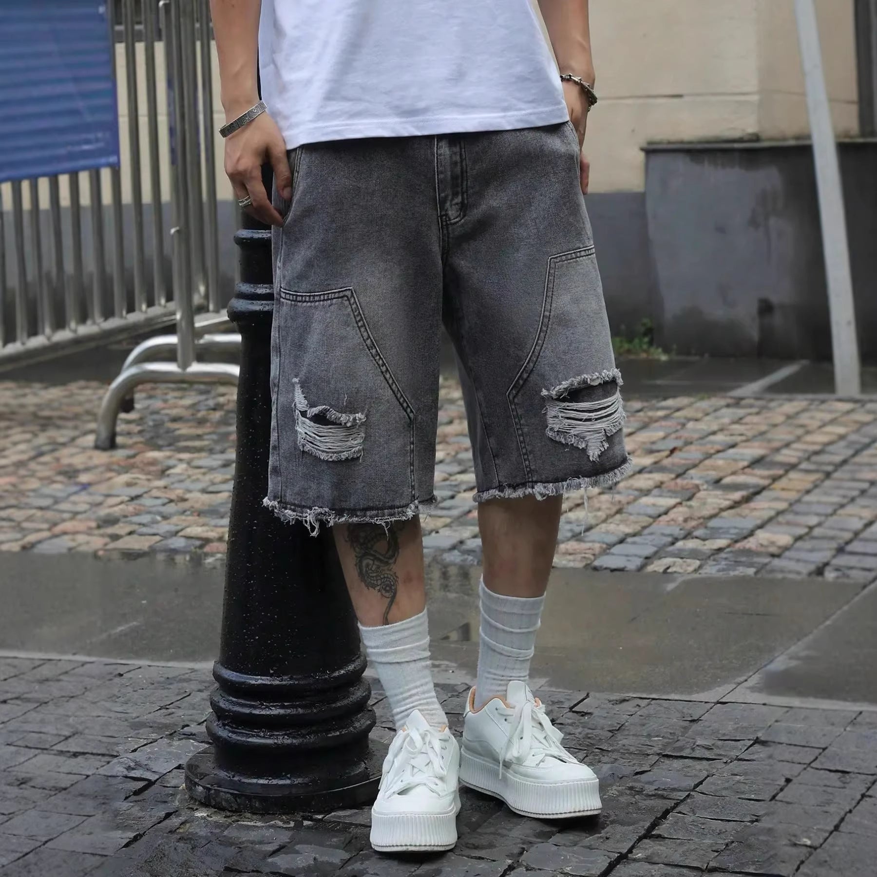 Mens Denim Shorts Straight-leg Relaxed Fit Versatile Korean Style