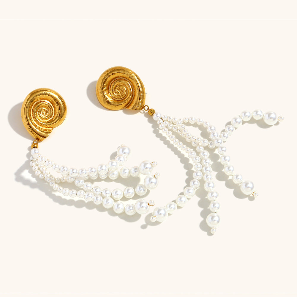 European And American Pearl Tassel Conch Stud Earrings