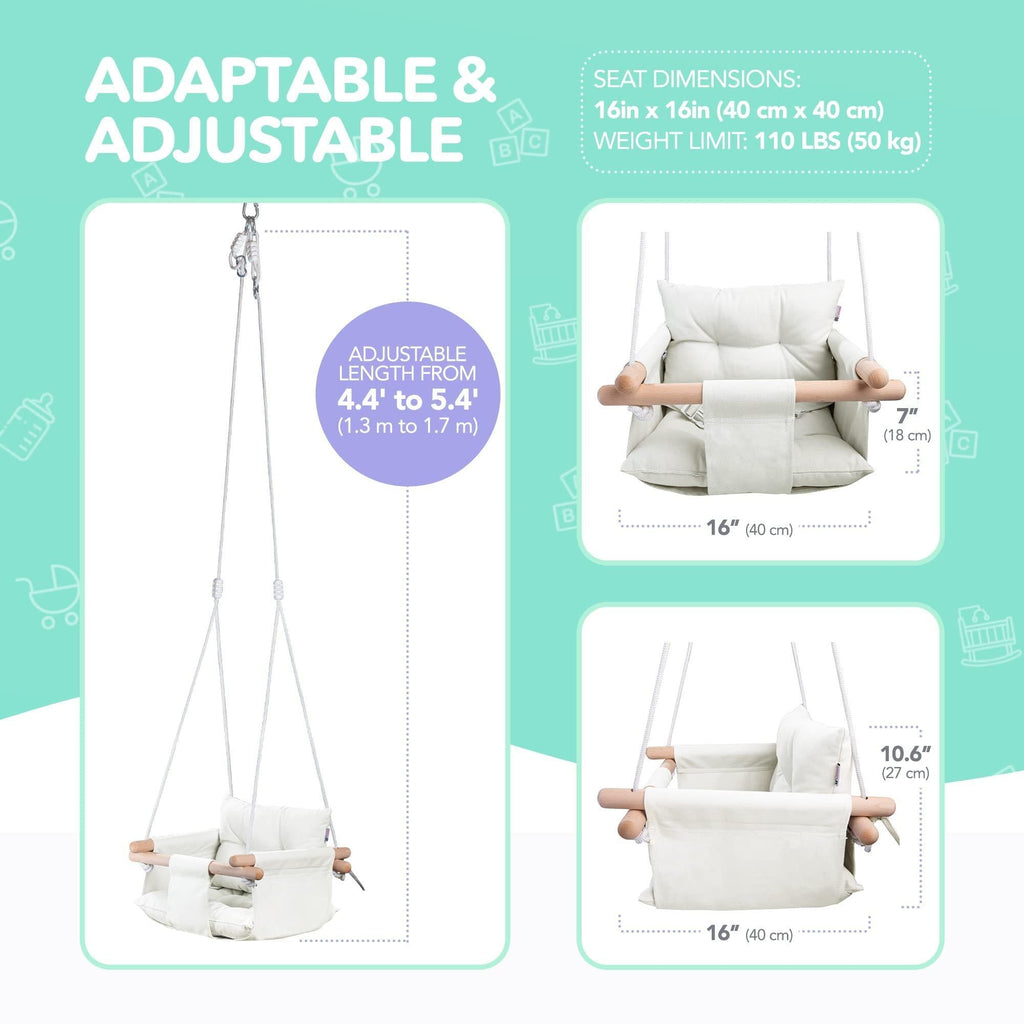 Canvas Baby Swing Wooden Hanging Swing Seat Chair with Safety Belt Durable Baby Swing Chair Outdoor and Indoor Swing for Kids Mounting Hardware Included Ivory