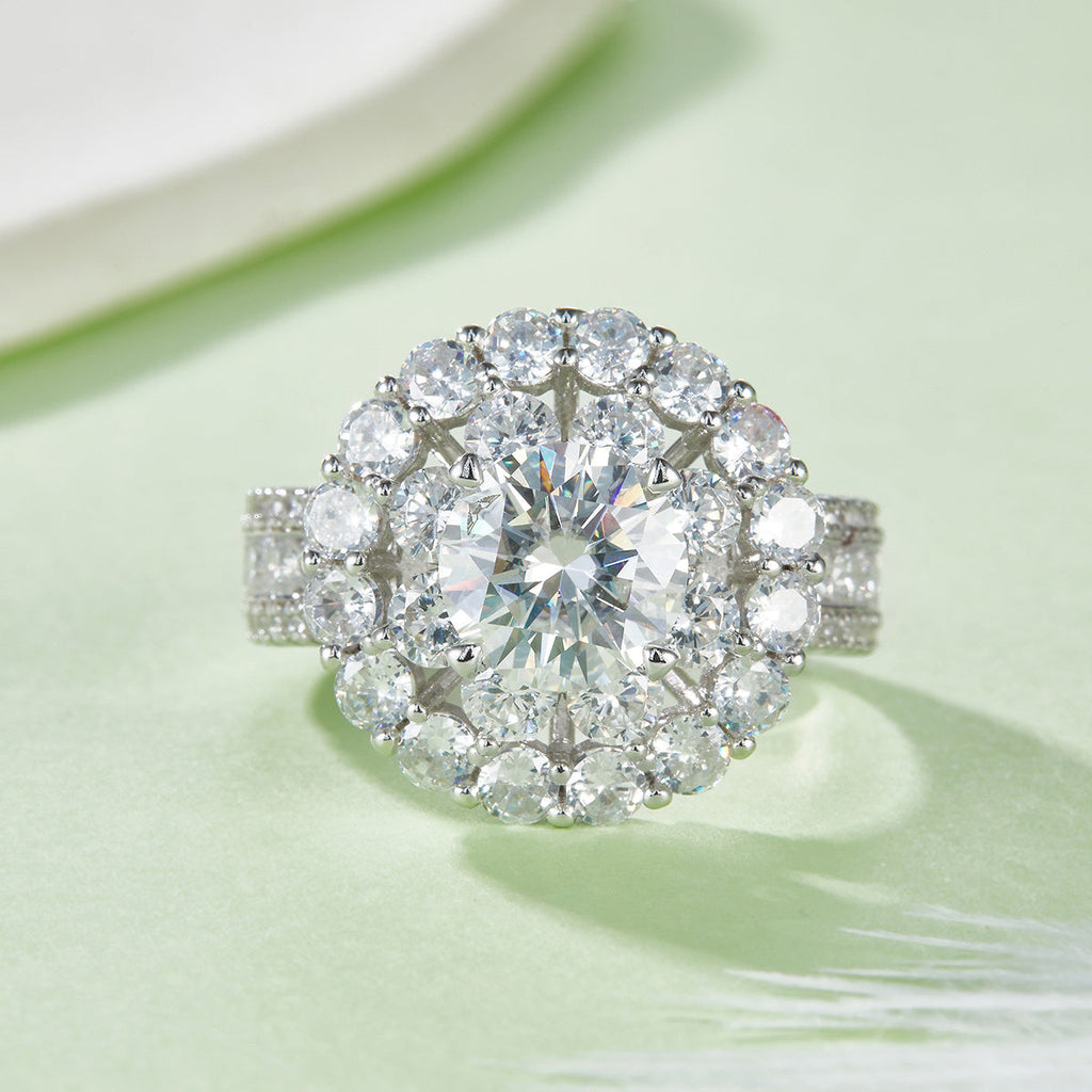 S925 Sterling Silver 2ct Moissanite Ring, 8mm D-VVS1 Double Halo Pave Band, Platinum Plated US Sizes 5-9 GRA Certified Gift Box