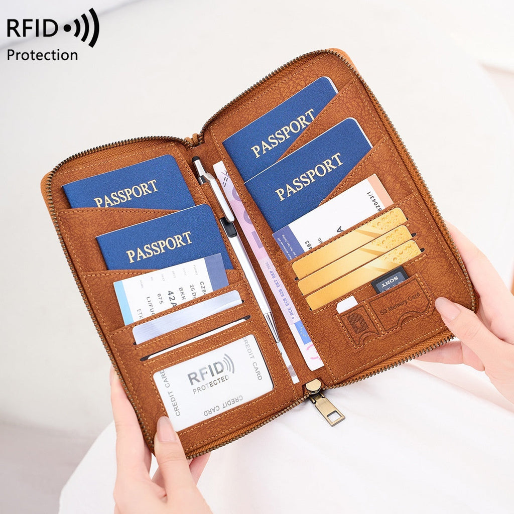 Cross-border RFID-blocking Passport Holder Long-style Zippered Passport Case Multi-functional Travel Document And Ticket Organizer