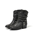 Loose-fitting Studded-strap Mid-calf Boots With Chunky Heels And A Slimming Round Toe