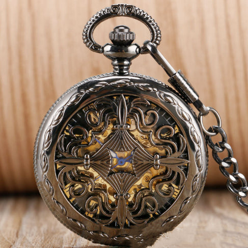 Retro Classic Carved Hollow Pattern Automatic Mechanical Pocket Watch