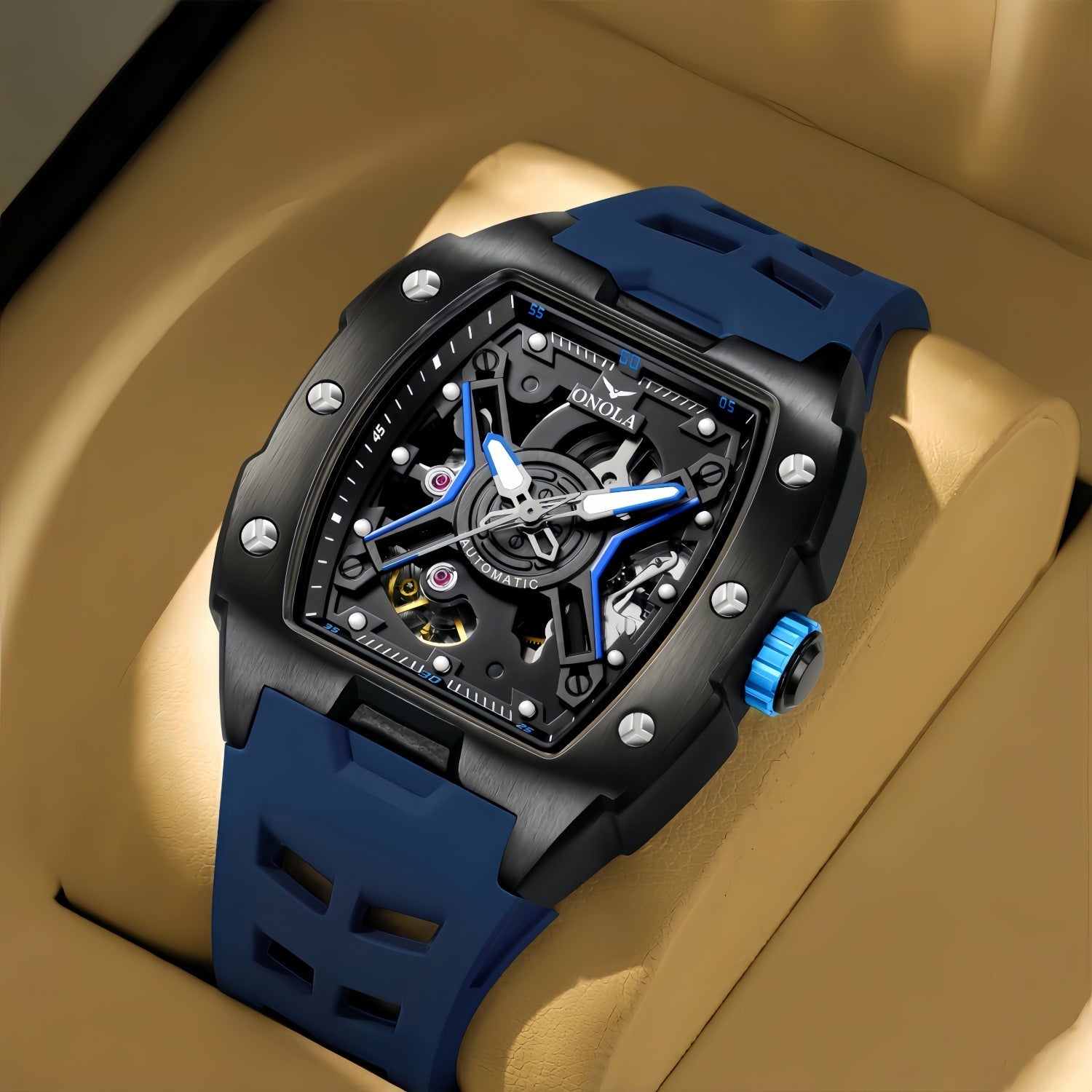 Fully Automatic Mechanical Mens Watch With A Silicone Strap And Water Resistance
