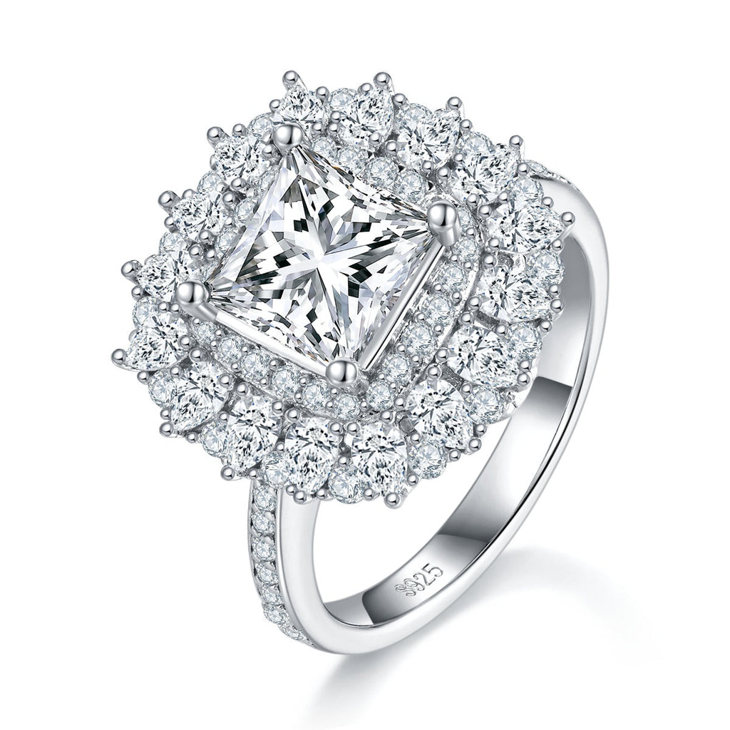 S925 Sterling Silver 2ct Princess Cut Moissanite Ring, D-VVS1 Double Halo Cluster, Platinum Plated 5.8g US Sizes 5-9, GRA Certificate Gift Box
