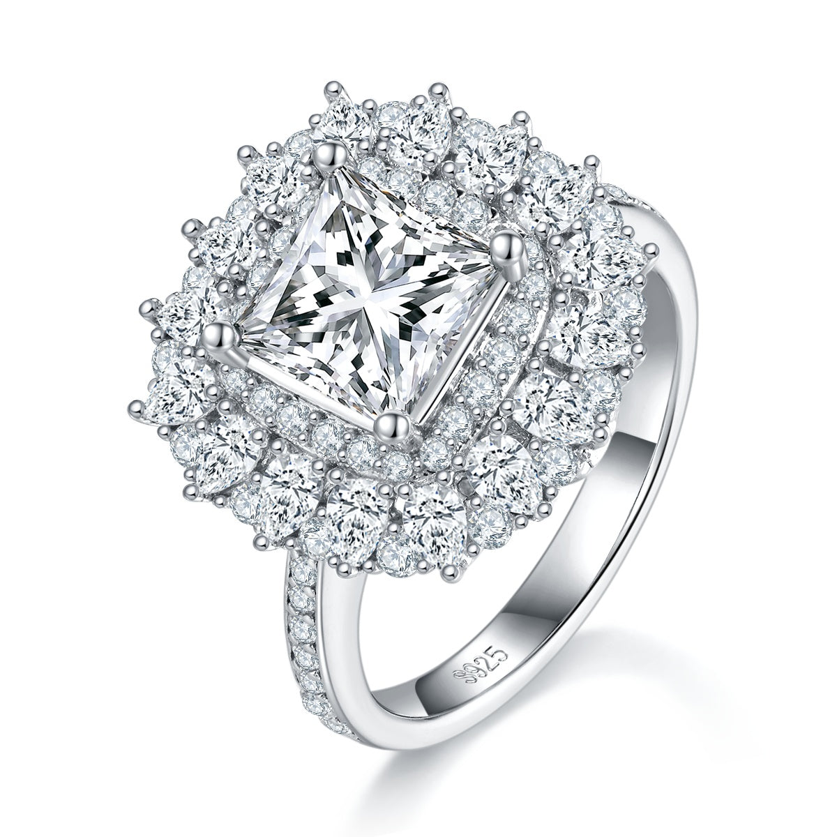 S925 Sterling Silver 2ct Princess Cut Moissanite Ring, D-VVS1 Double Halo Cluster, Platinum Plated 5.8g US Sizes 5-9, GRA Certificate Gift Box