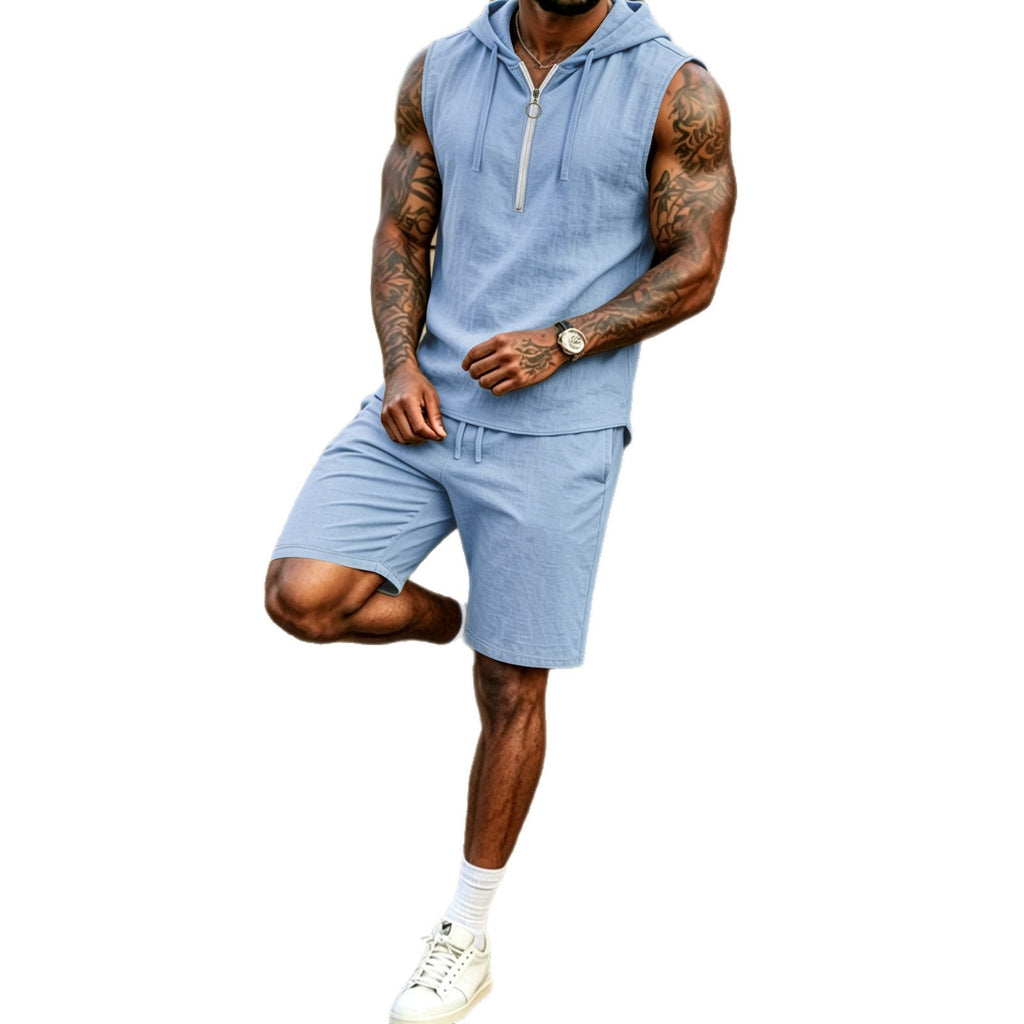 Mens Summer Loose Casual Hooded ZipUp Sleeveless Set