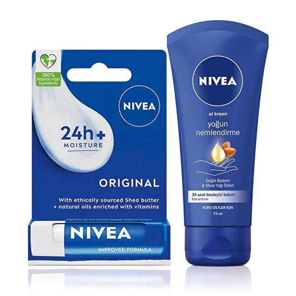 Nivea Lip Care and Hand Cream Set - 24hr Moisturizing for Dry Lips & Hands