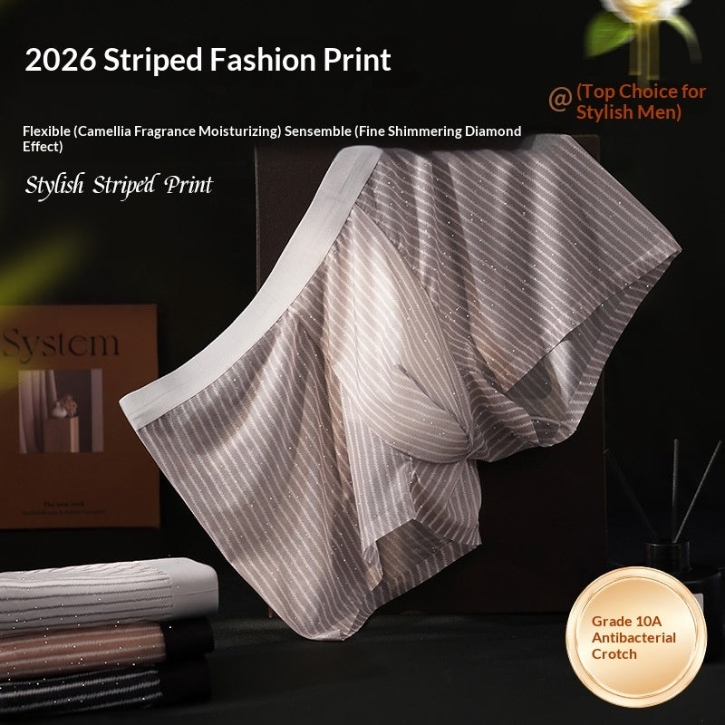 Mens Striped-print Boxer Briefs In Ice Silk Fabric