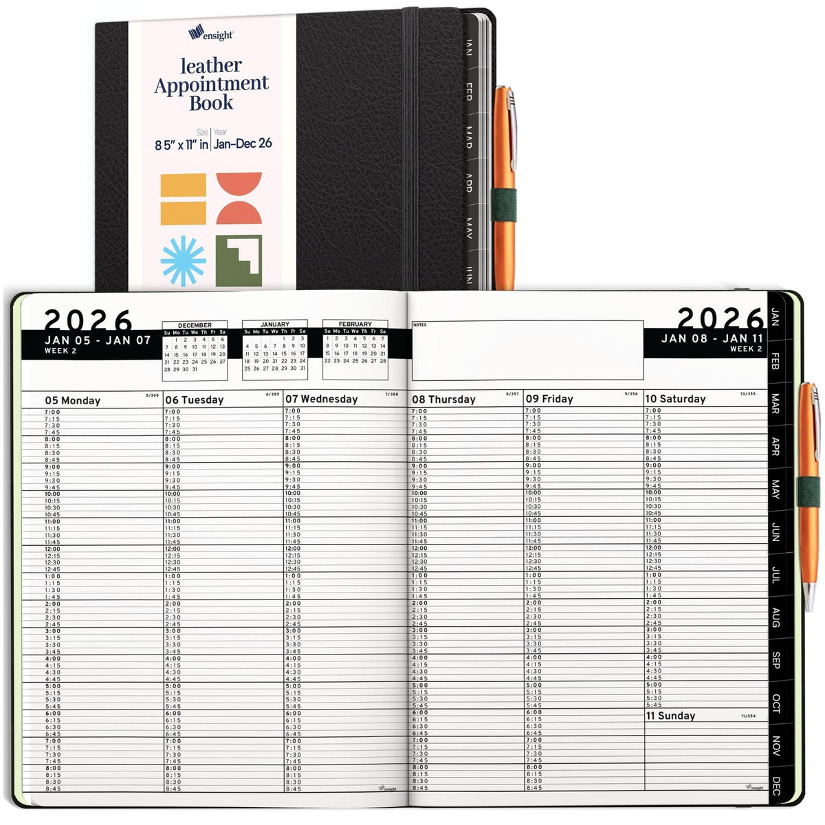 2026 Hardcover Appointment Book Planner 8.5x11 inch Black Large Tabbed Daily Hourly Weekly Planner Schedule Book 15 Minute time Slots Business & Personal Planner Jan 2026 Dec 2026 Black