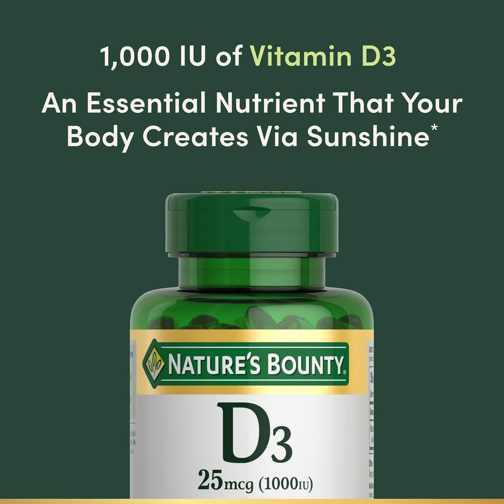 Nature's Bounty Vitamin D3 1000 IU Supplement - 100 Softgels, Gluten-Free, Supports Bone Health & Immune Function