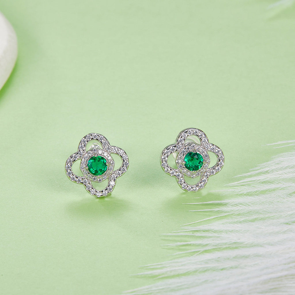 S925 Sterling Silver Clover Stud Earrings, 3.5mm Lab-Grown Emerald, Platinum Plated 2g Lightweight Women's Jewelry Gift Box
