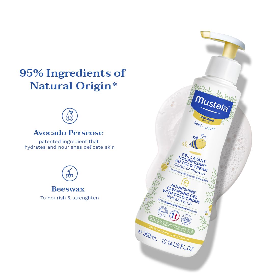 Mustela Nourishing Cleansing Gel with Cold Cream for Newborns & Dry Skin - Gentle, Natural Baby Care