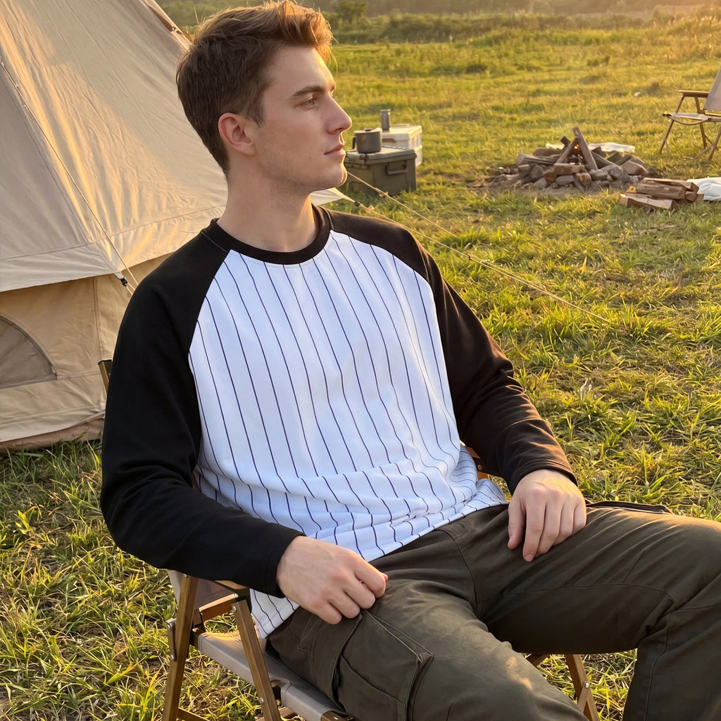Mens Short Raglan-Style Baseball Long-Sleeve Striped Casual T-Shirt