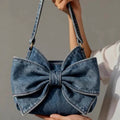 Large-Capacity Denim Crossbody Bag With Bow