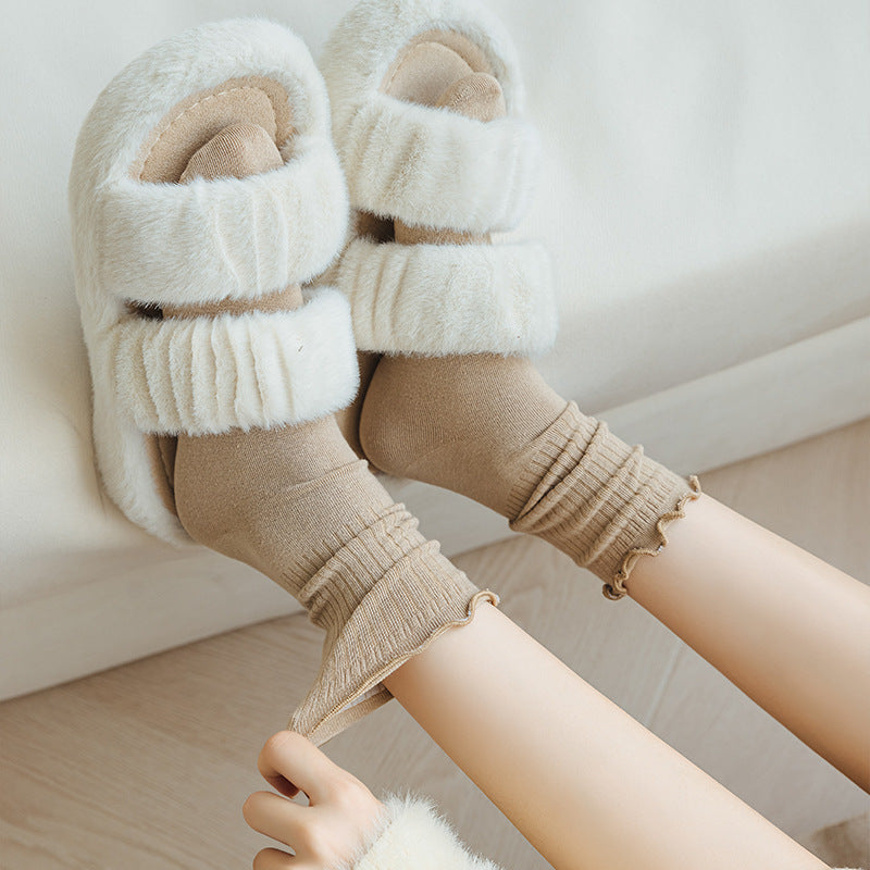 Solid-color Ruffle-trimmed Socks For Women