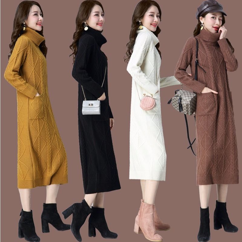 Womens High-neck Long Fleece-lined Extra-thick Loose-fitting Sweater