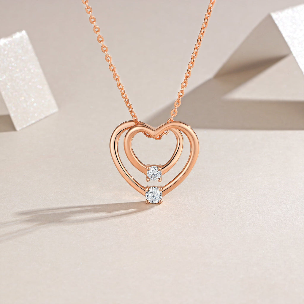 S925 Sterling Silver Rose Gold Double Heart Necklace, D-VVS1 Moissanite Pendant, 40&455cm Adjustable Chain, Women's Jewelry Gift Box With GRA Certificate