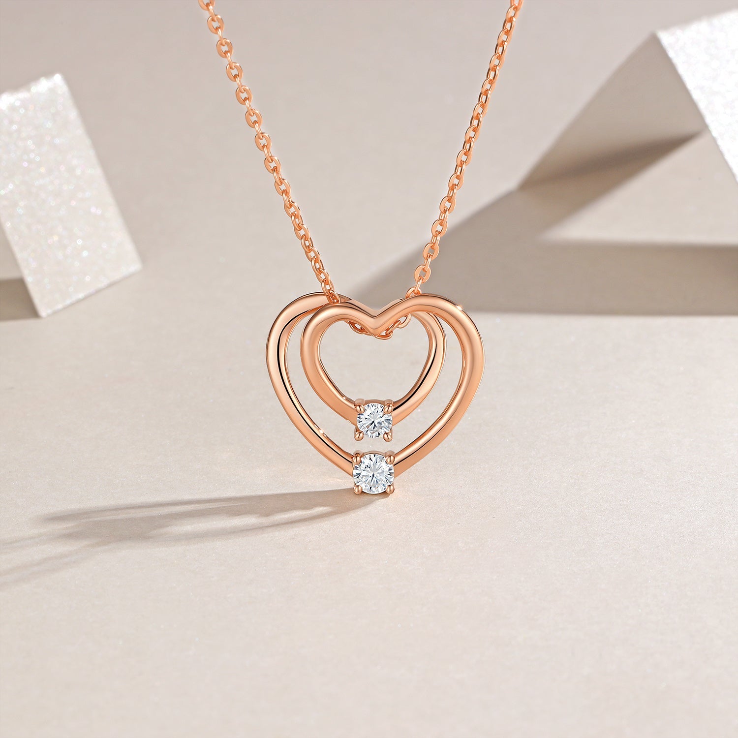 S925 Sterling Silver Rose Gold Double Heart Necklace, D-VVS1 Moissanite Pendant, 40&455cm Adjustable Chain, Women's Jewelry Gift Box With GRA Certificate