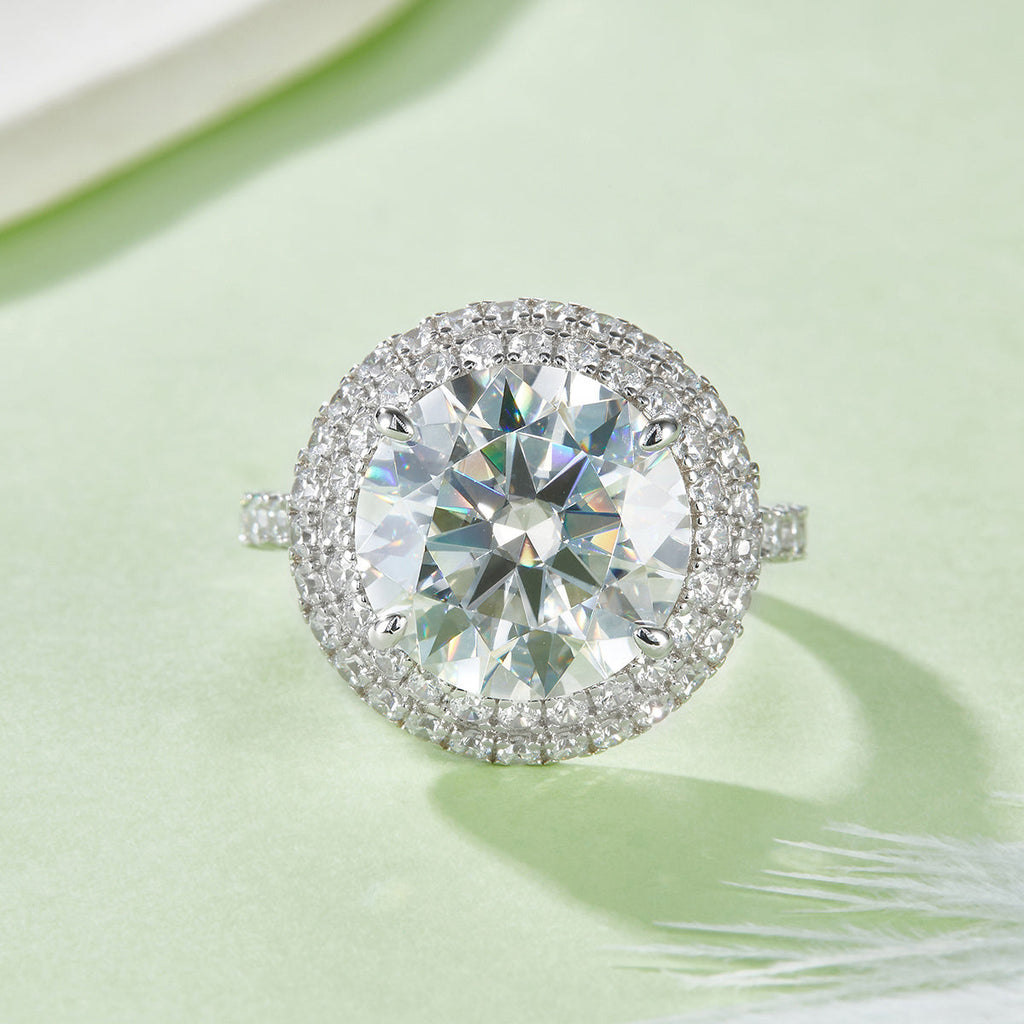 S925 Sterling Silver 8ct Moissanite Ring, 13mm D-VVS1 Double Halo Pave Band, Platinum Plated US Sizes 5-9 GRA Gift Box