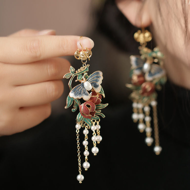 Dripping-oil Butterfly Leaf And Flower Bead Earrings
