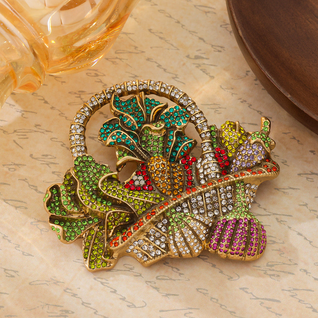Heavy-industry Rhinestone Fruit Basket Brooch Vintage Distressed Style