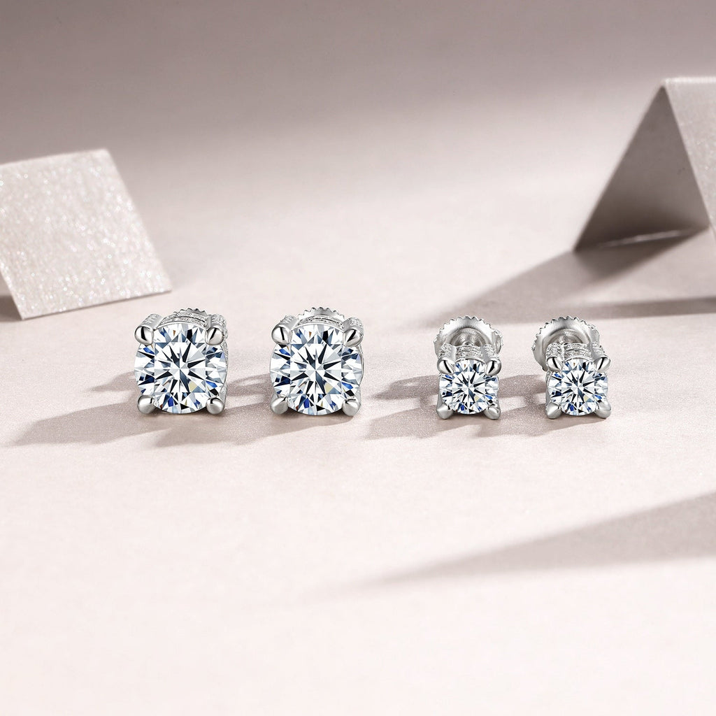 S925 Sterling Silver Moissanite Stud Earrings, 0.5&2ct D-VVS1 4-Prong Basket Pave With Screw Backs, GRA Certificate Gift Box
