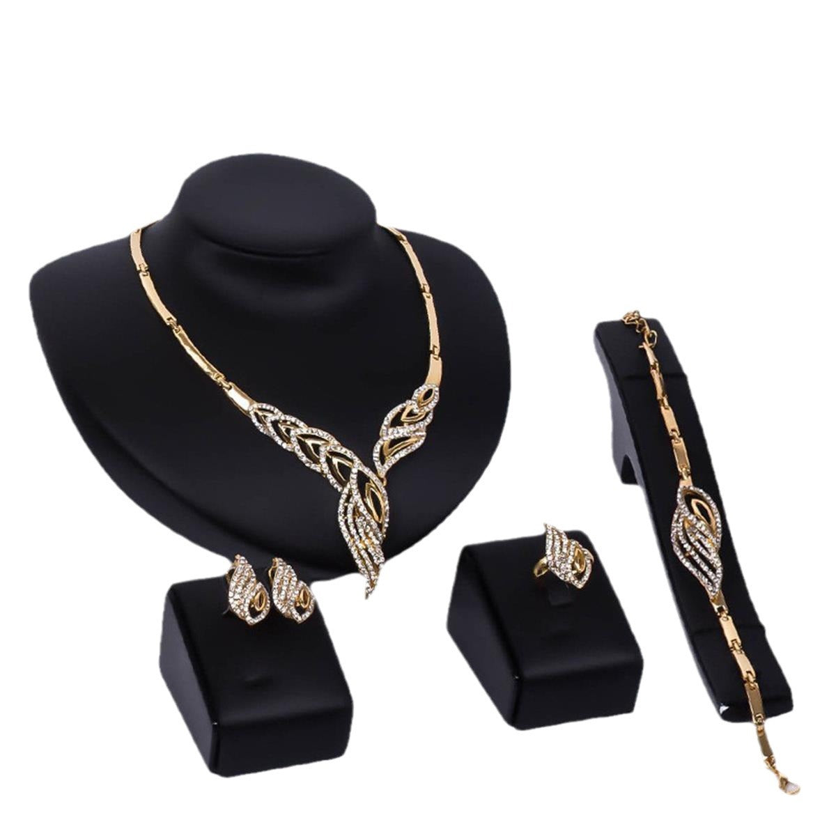 Gold Leaf Diamond-Encrusted Necklace Earrings Ring Bracelet Set