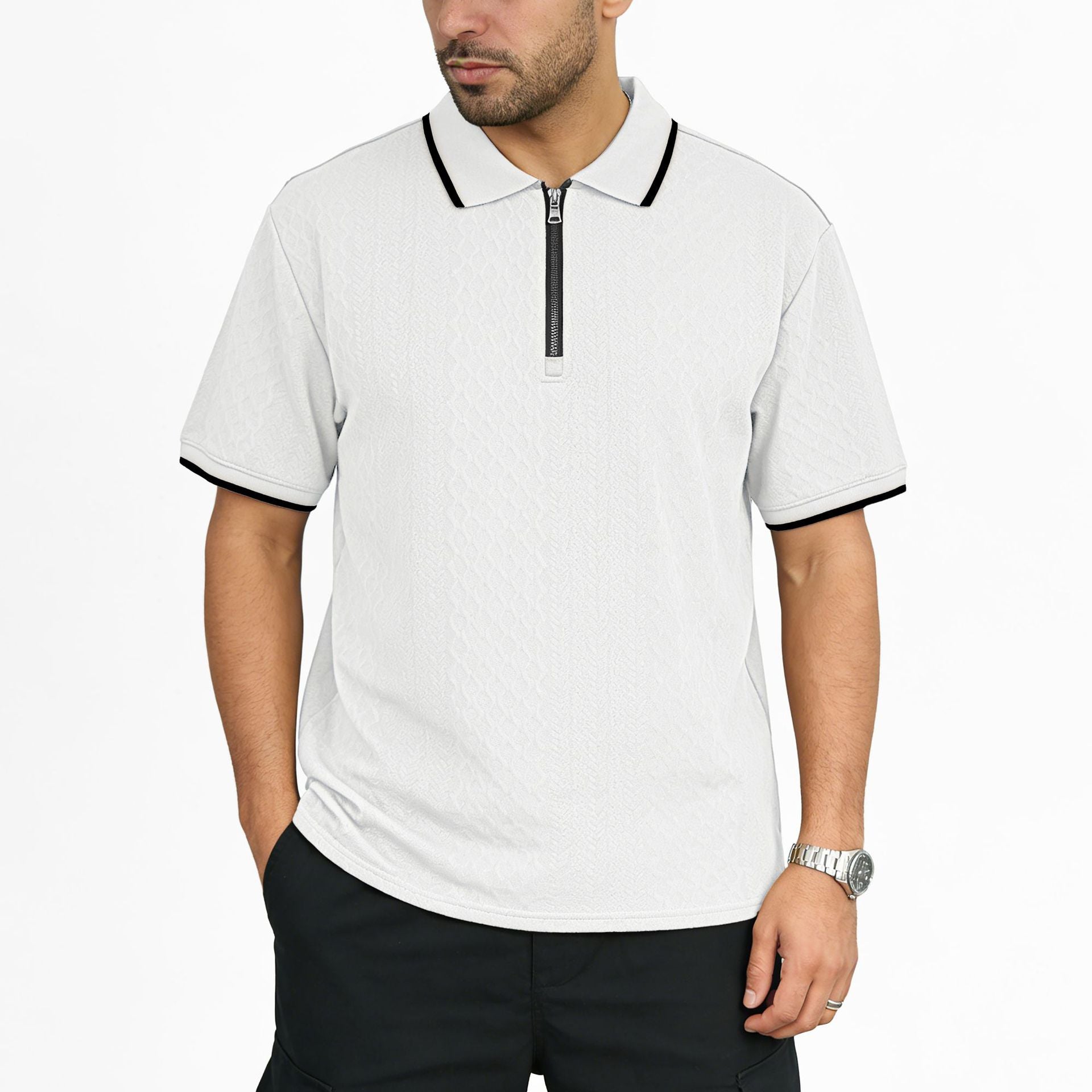 Mens Jacquard Loose-Fit Short-Sleeve Zip-Up Polo Shirt