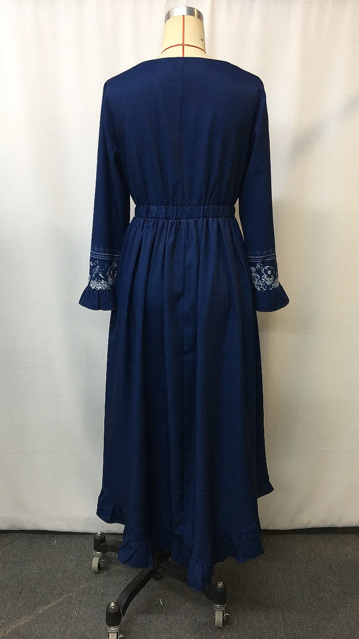 Denim Ethnic-Style Floral Print Lace-Up Vintage Dress