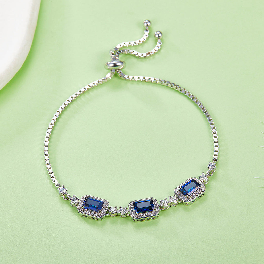 S925 Sterling Silver Adjustable Bolo Bracelet, 6x4mm 3-Stone Lab-Grown Emerald Sapphire Halo, 21cm Platinum Plated 6.2g Women's Jewelry Gift Box