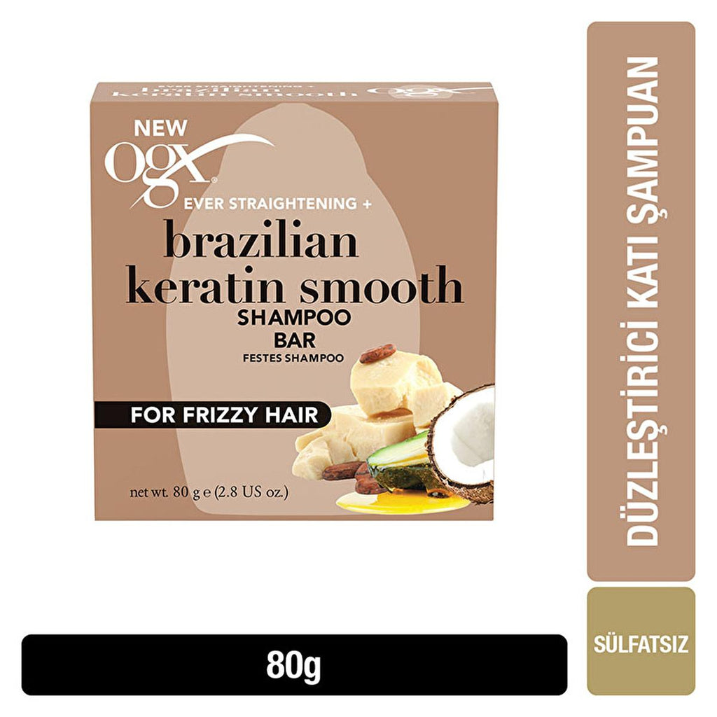 OGX Brazilian Keratin Therapy Solid Shampoo Bar: Smooth Frizzy & Curly Hair with Coconut Oil, Sulfate-Free, Plastic-Free - Equivalent to 700ml Liquid Shampoo