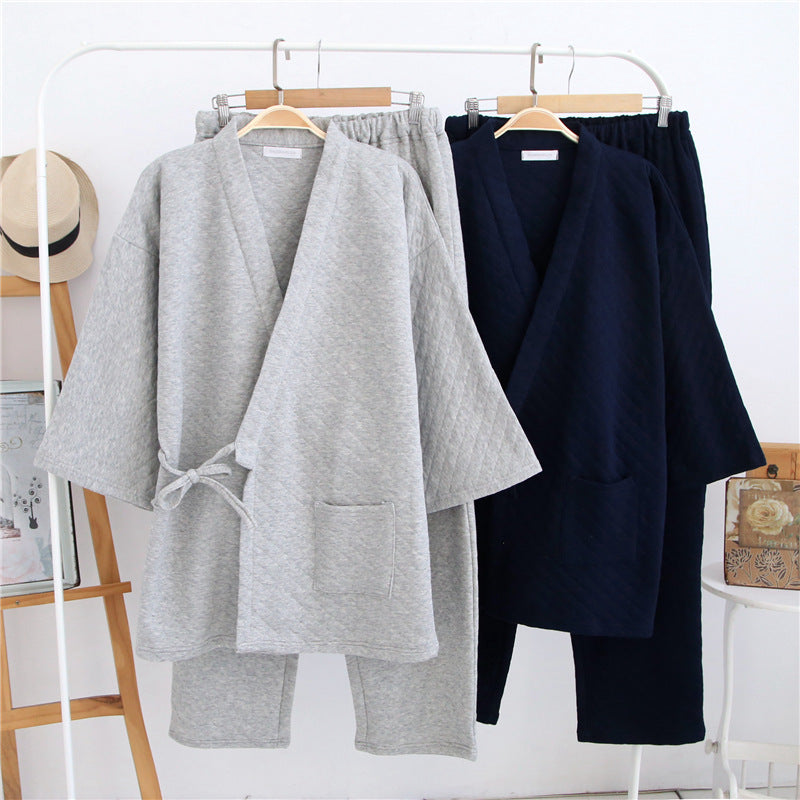 New Autumn Winter Mens Japanese-Style Pure Cotton Air-Layer Loungewear Set