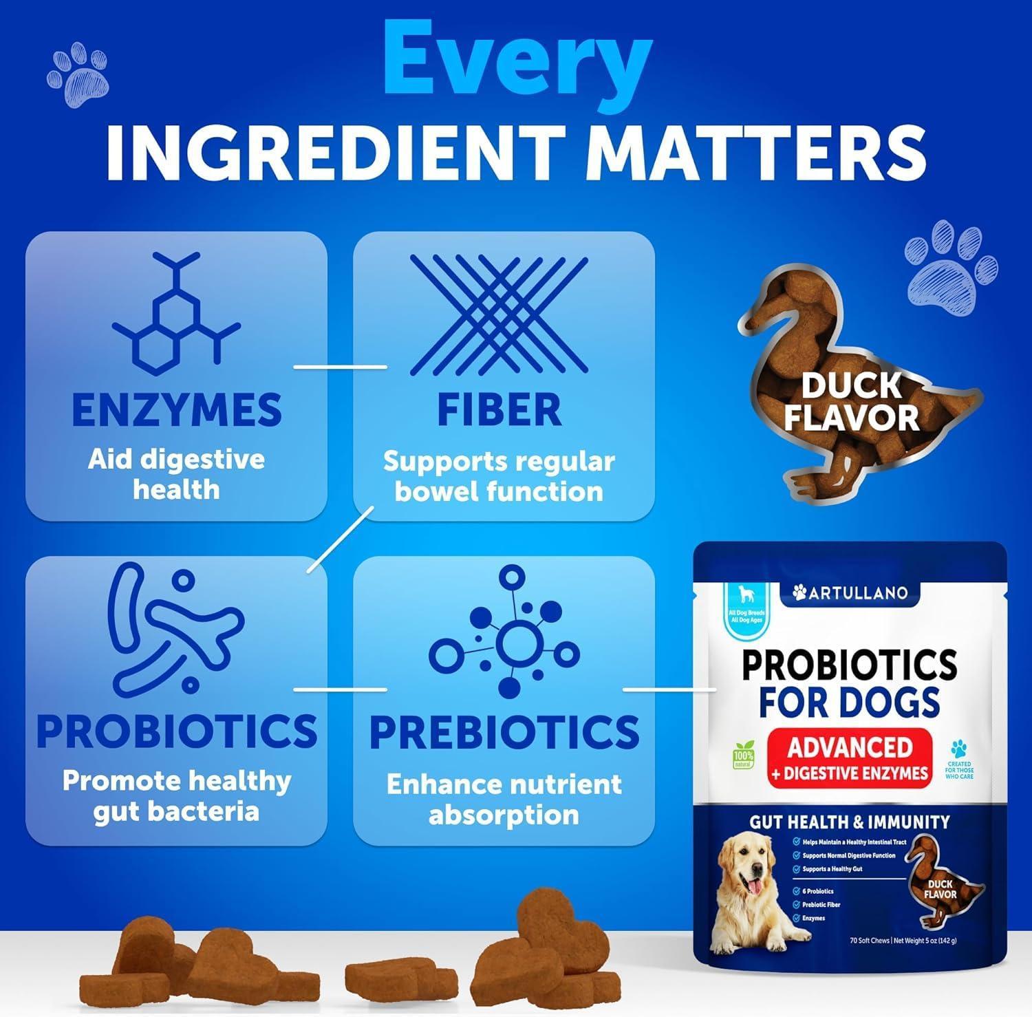 Probiotics for Dogs 70 Chews Duck Flavor Gut Health & Prebiotics