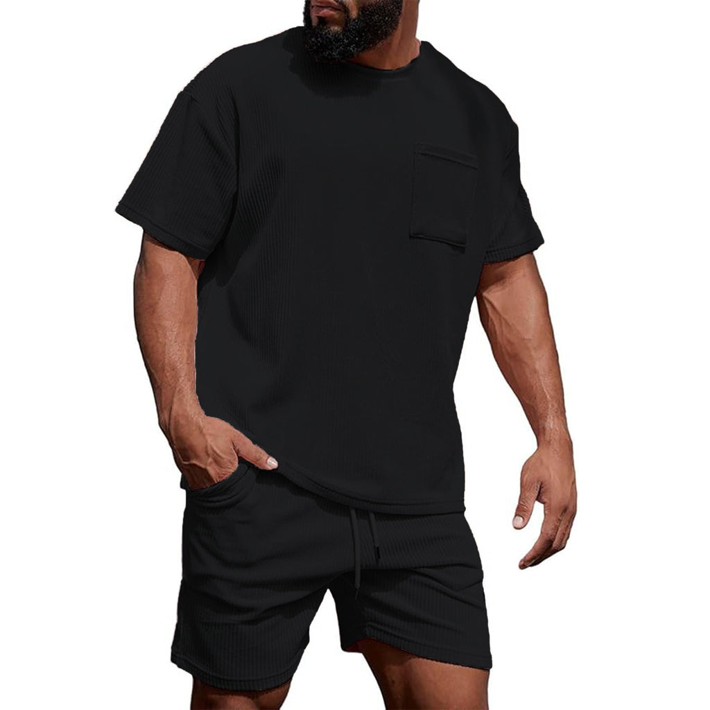 Mens Corduroy Casual Crew-Neck Shorts Set