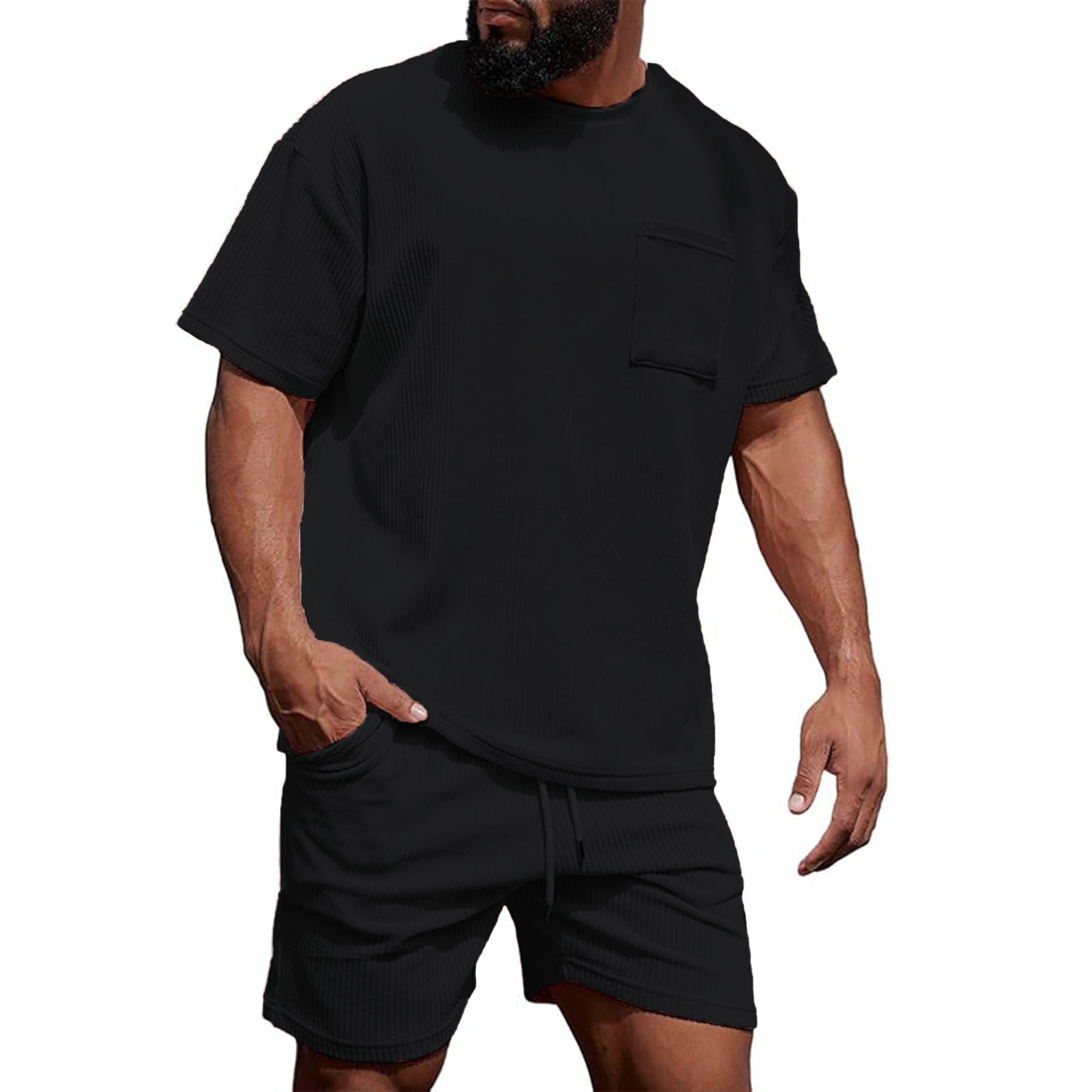 Mens Corduroy Casual Crew-Neck Shorts Set