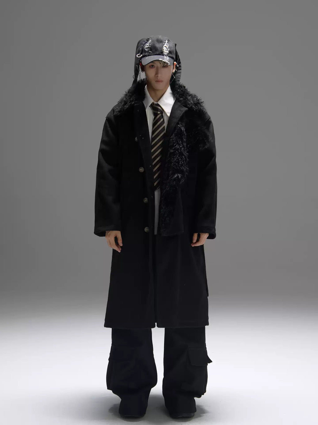 Color-block Design Over-the-knee Trench Coat Silhouette Plus-thick Cotton Coat