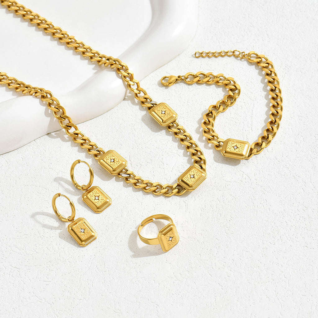 Ins Vintage Court Style Jewelry Set, Geometric Cubic Zirconia Inlaid Bracelet, Ring, Earrings & Versatile Niche Long Necklace For Women