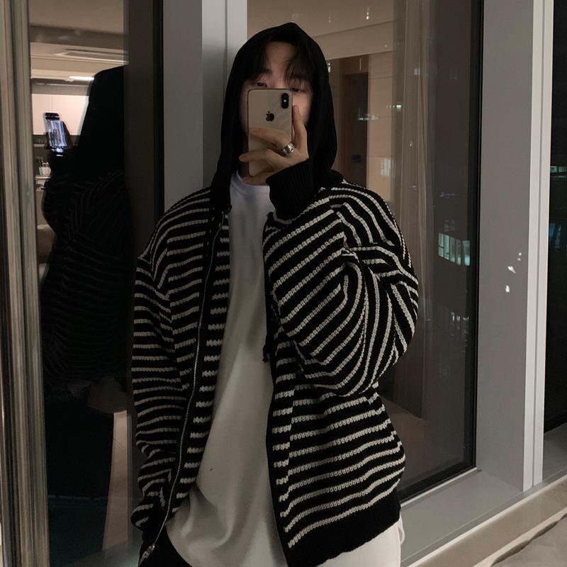 AutumnWinter Hooded Striped Sweater Cardigan Coat