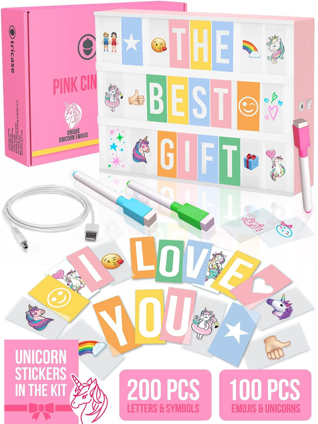 Pink Cinema Light Box with 312 Letters Emojis & 3 Markers Led Light Box for Girl