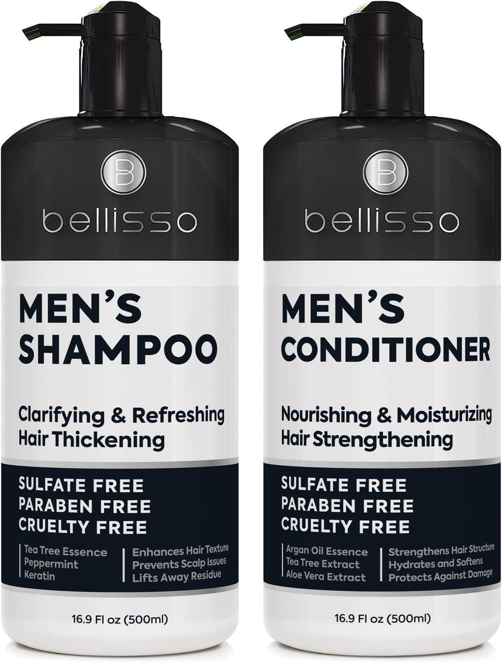 Mens Shampoo and Conditioner Set Sulfate Free and Clarifying For Men with Oily to Normal Hair Moisturizing and Thickening Biotin Keratin Tea Tree Oil Caffeine and Peppermint for Dandruff