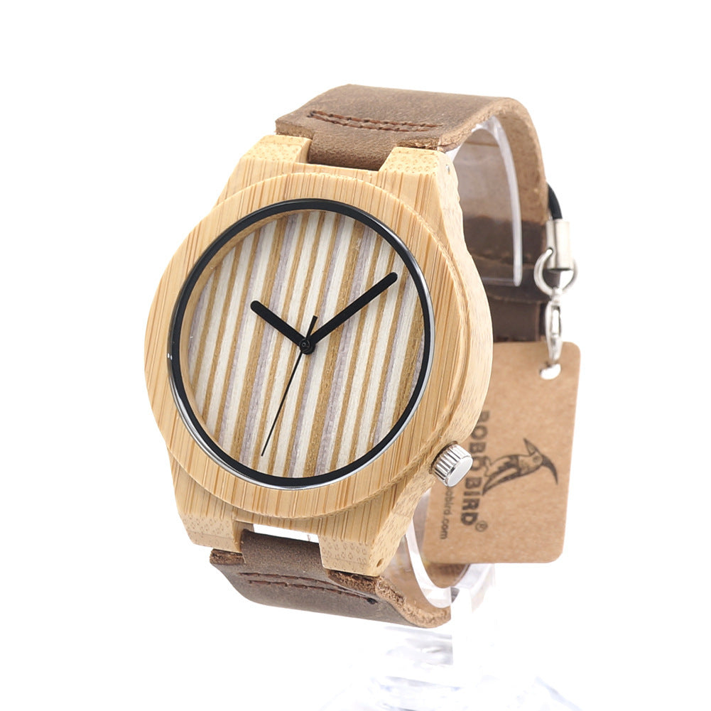 Single-bamboo Wooden-layer Cowhide Mens Wooden Watch