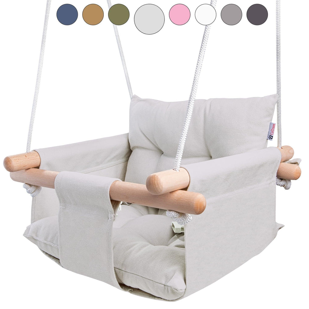 Grey Canvas Baby Swing Wooden Hanging Swing Seat Chair with Safety Belt Durable Baby Swing Chair Outdoor and Indoor Swing for Kids Mounting Hardware Included Gray