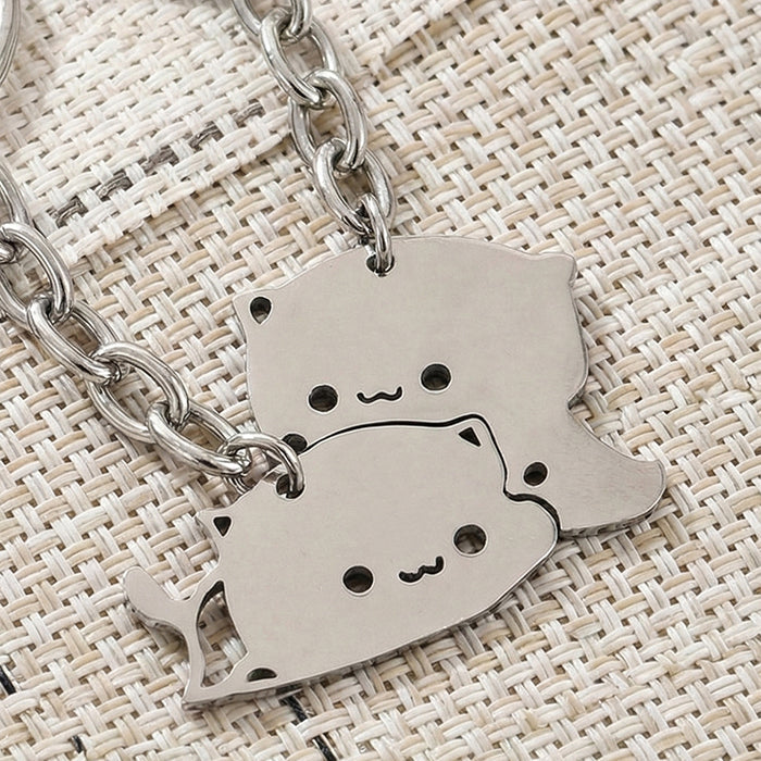 2Pcs Cute Dudu Bubu Hug Cat Couple Keychain Set, Stainless Steel Double Cat Charms, Round Key Ring & Heart Lobster Clasp, Sweet Matching Pair Gift For Lovers