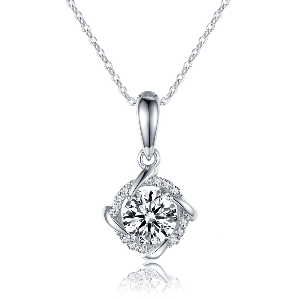 S925 Sterling Silver 1ct D-VVS1 Moissanite Necklace, Twisted Pendant Design, Platinum Plated 40&45cm Chain, GRA Certified Jewelry Gift Box