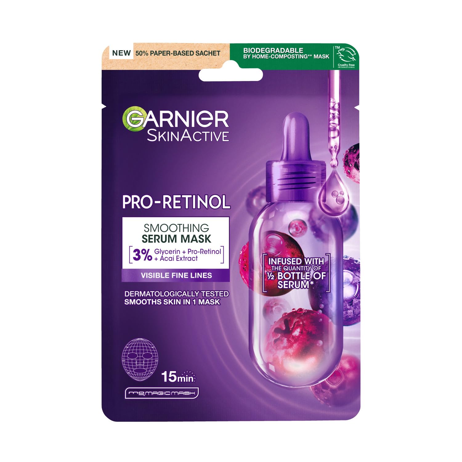 Garnier Pro-Retinol Face Mask - Anti-Aging Skincare Sheet Mask for Wrinkles, Hypoallergenic, 22g