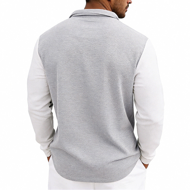 Men's Waffle-Weave Loose-Fit Casual Color-Block Striped Long-Sleeve