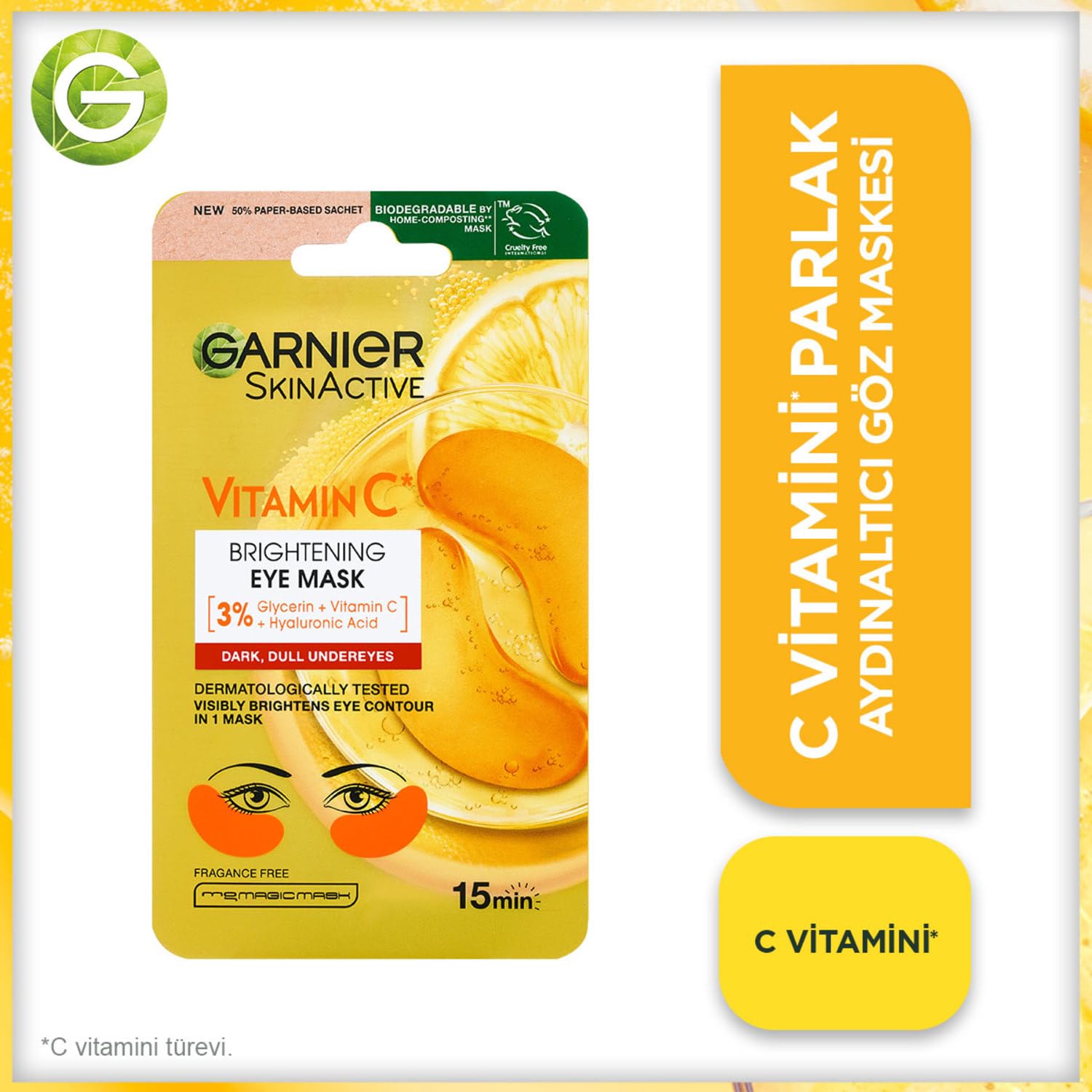 Garnier Vitamin C Brightening Eye Mask - Hypoallergenic, Easy Application, Reduces Dark Circles