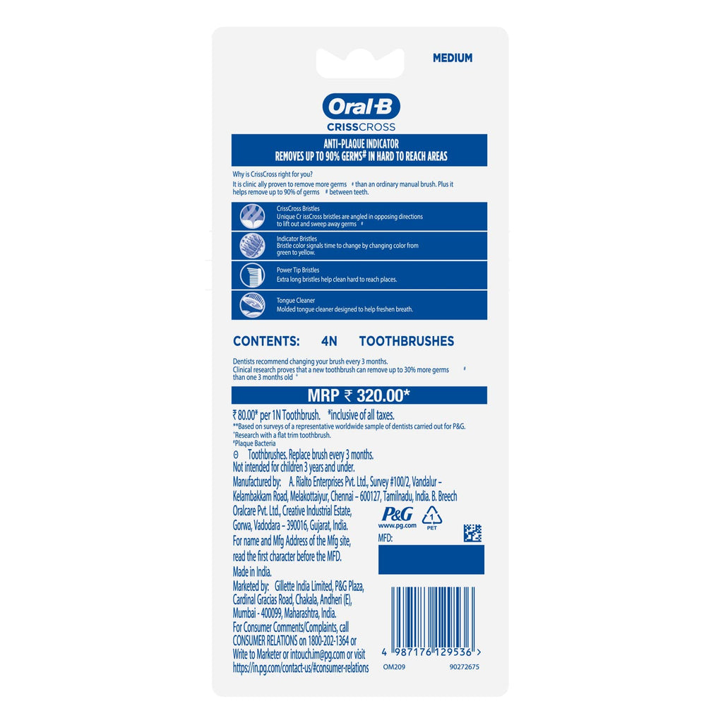 Oral-B Manual Toothbrush Medium Bristle 1+1 Pack - Effective Oral Hygiene for Daily Cleaning